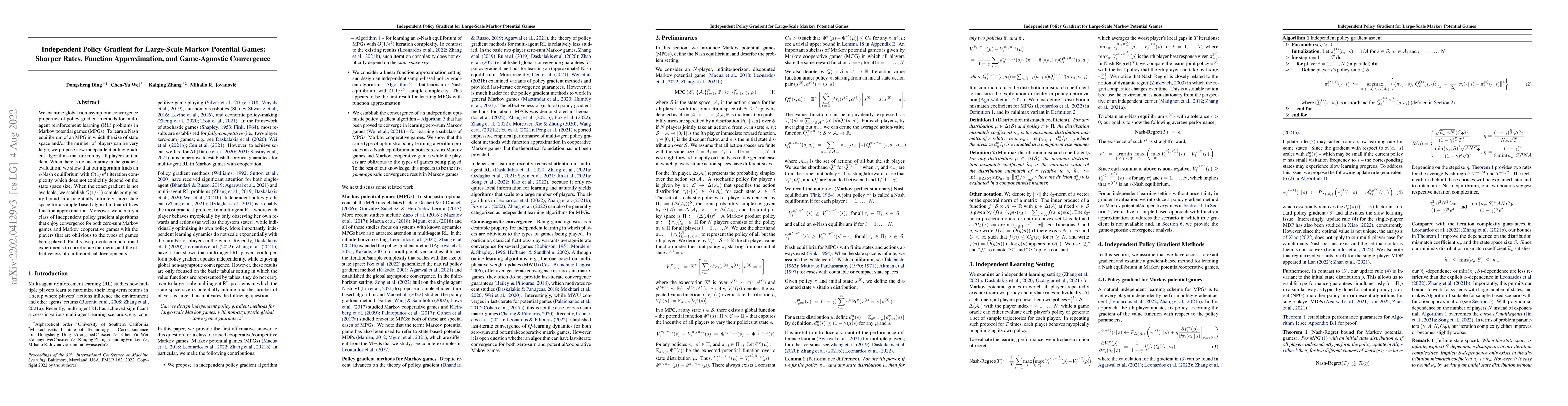Thumbnail for Independent Policy Gradient for Large-Scale Markov Potential Games:
  Sharper Rates, Function Approximation, and Game-Agnostic Convergence