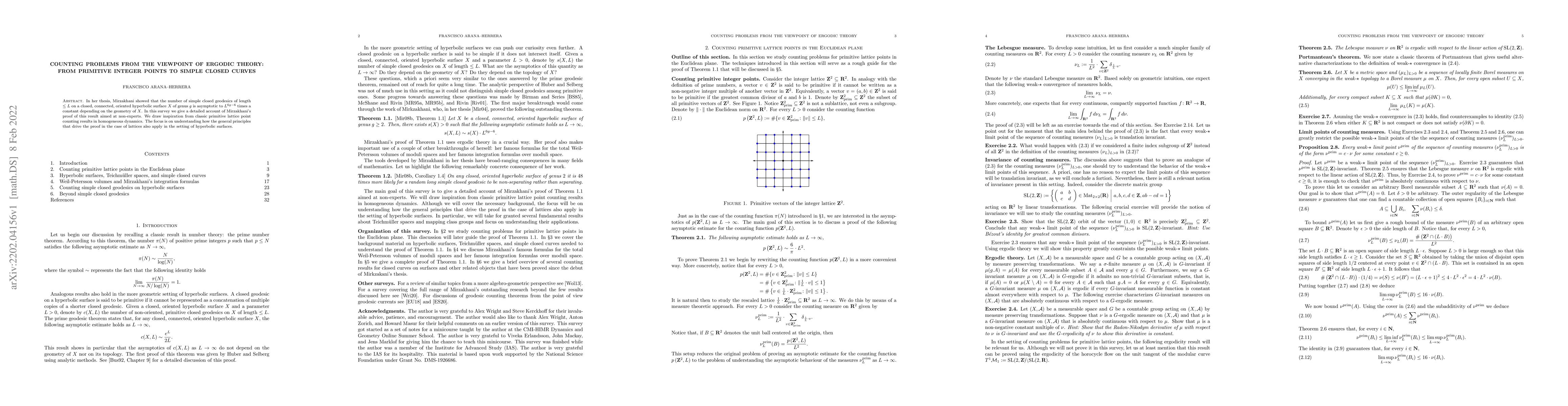 Thumbnail for Counting problems from the viewpoint of ergodic theory: from primitive
  integer points to simple closed curves