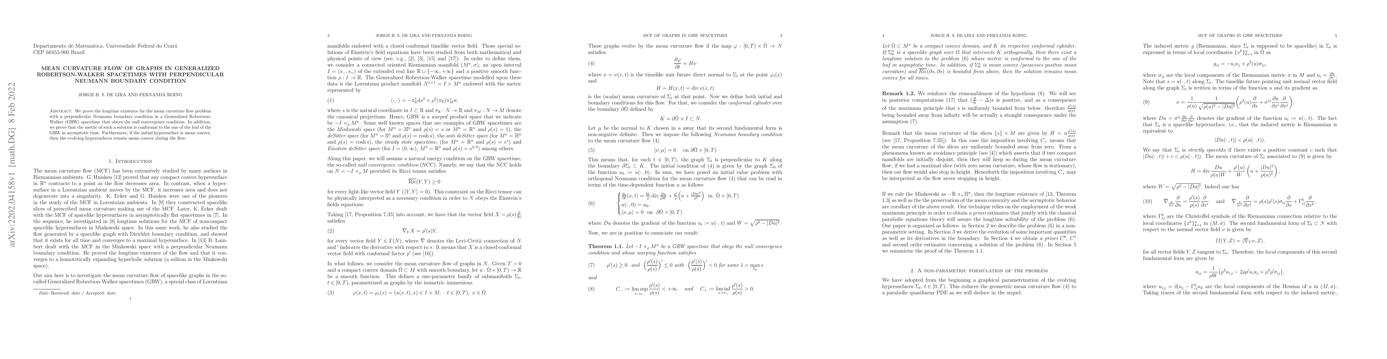 Thumbnail for Mean curvature flow of graphs in Generalized Robertson-Walker spacetimes
  with perpendicular Neumann boundary condition