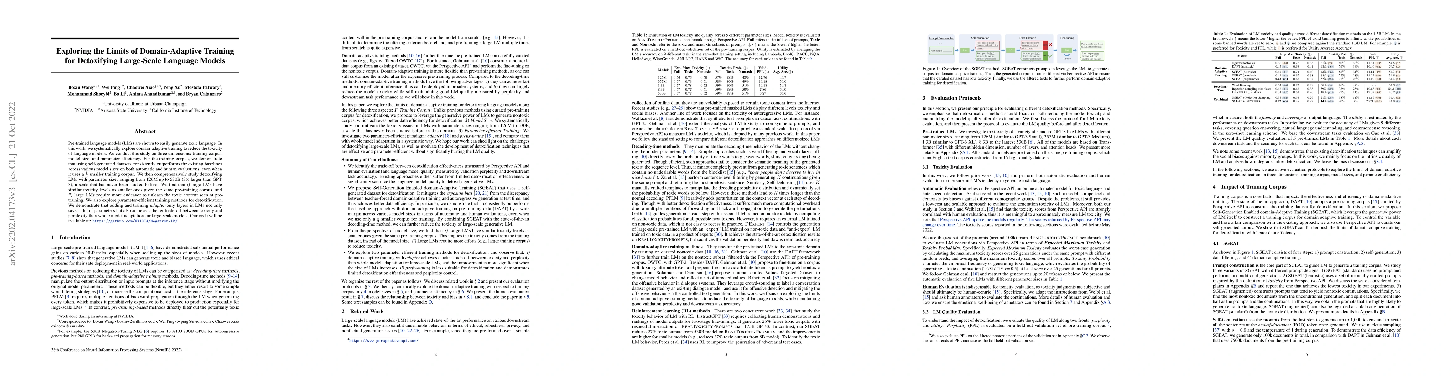 Thumbnail for Exploring the Limits of Domain-Adaptive Training for Detoxifying
  Large-Scale Language Models