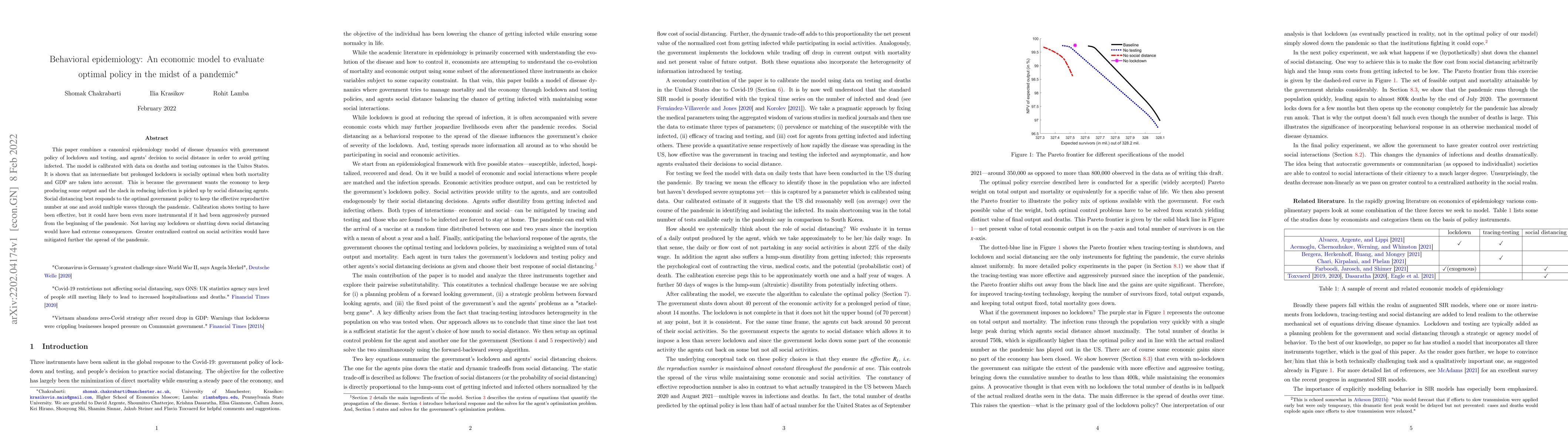 Thumbnail for Behavioral epidemiology: An economic model to evaluate optimal policy in
  the midst of a pandemic
