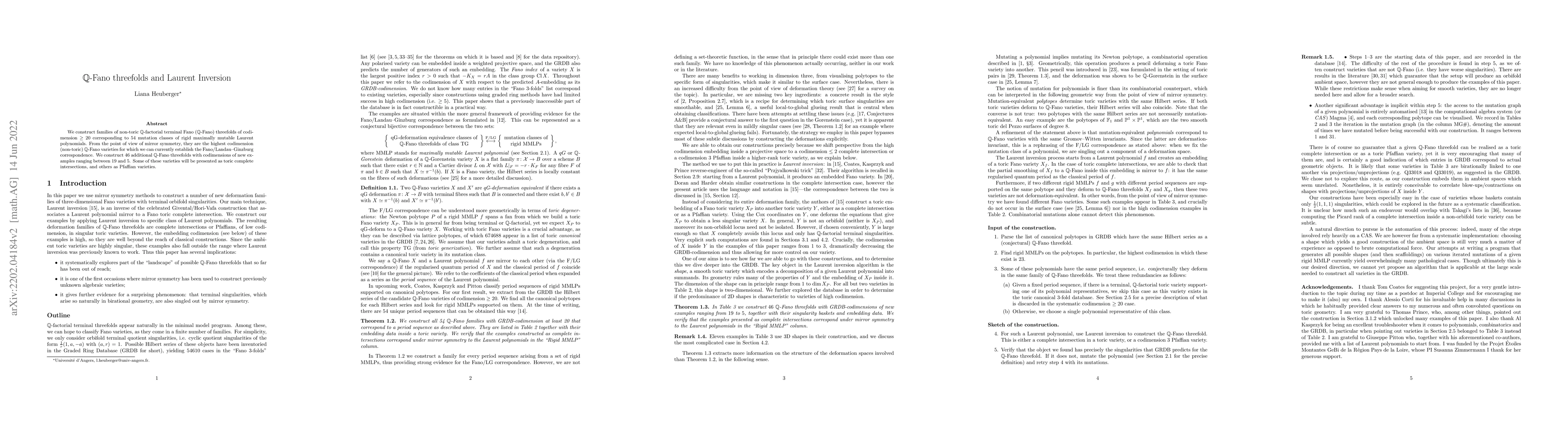 Thumbnail for $\mathbb{Q}$-Fano threefolds and Laurent inversion