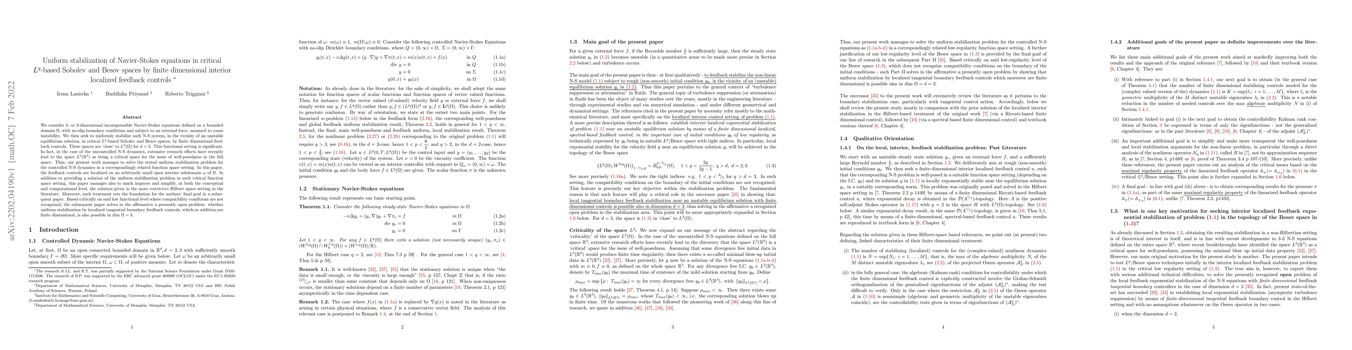 Thumbnail for Uniform stabilization of Navier-Stokes equations in critical $L^q$-based
  Sobolev and Besov spaces by finite dimensional interior localized feedback
  controls