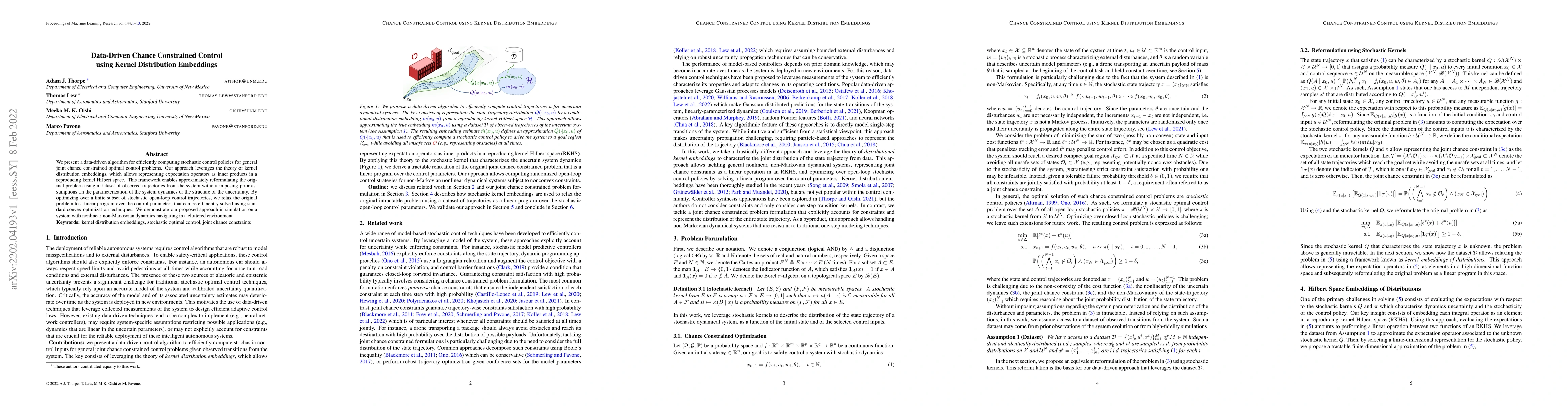 Thumbnail for Data-Driven Chance Constrained Control using Kernel Distribution
  Embeddings