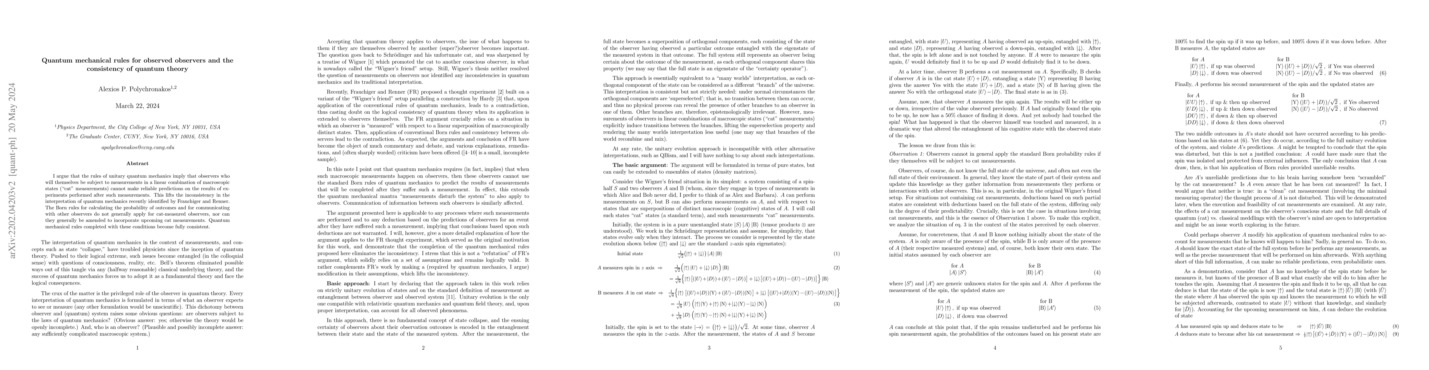 Thumbnail for Quantum mechanical rules for observed observers and the consistency of
  quantum theory