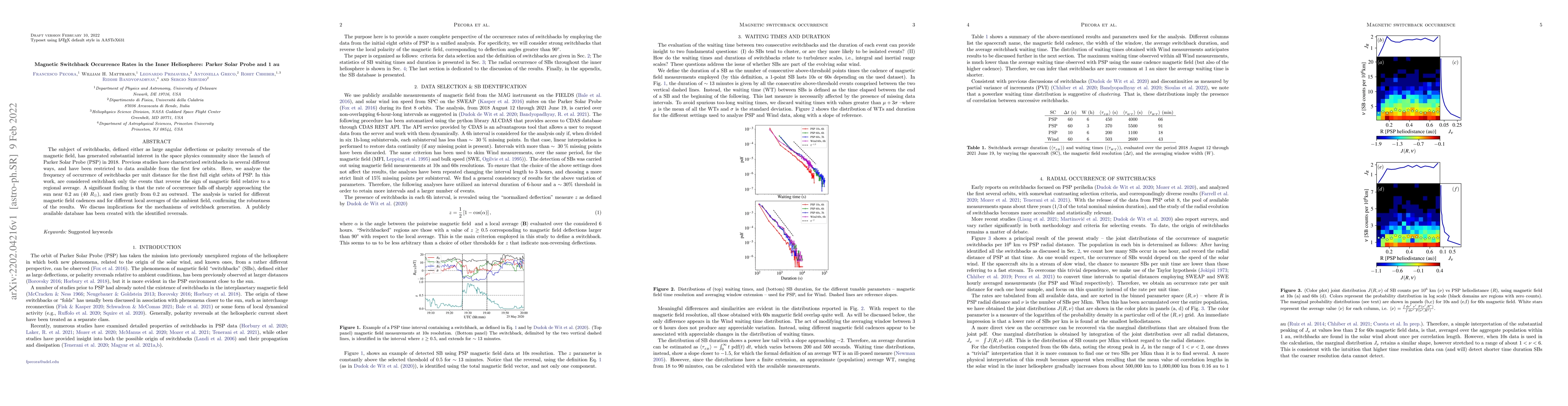 Thumbnail for Magnetic Switchback Occurrence Rates in the Inner Heliosphere: Parker
  Solar Probe and 1 au