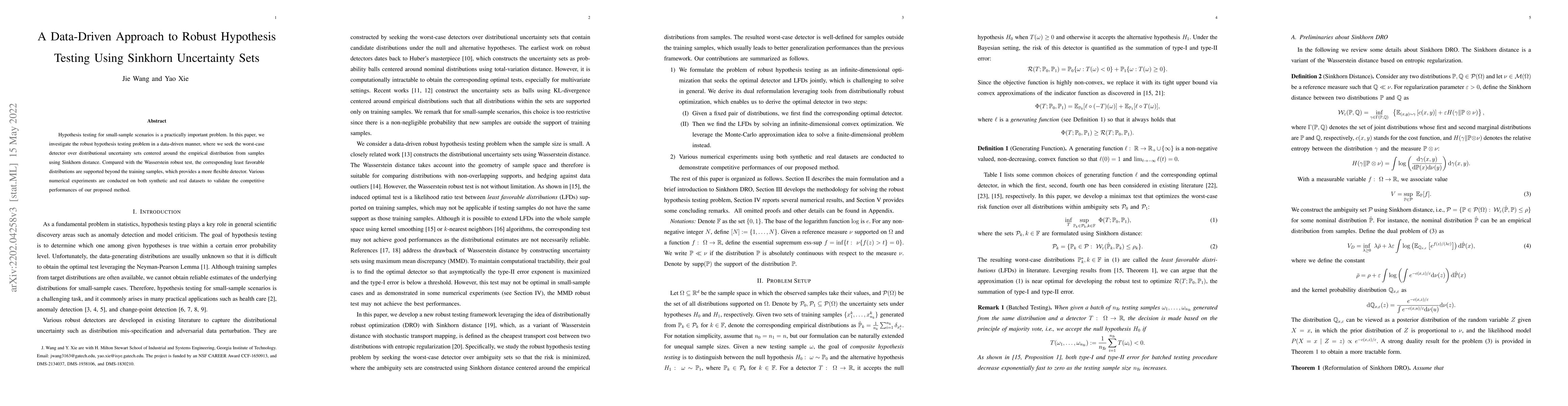 Thumbnail for A Data-Driven Approach to Robust Hypothesis Testing Using Sinkhorn
  Uncertainty Sets