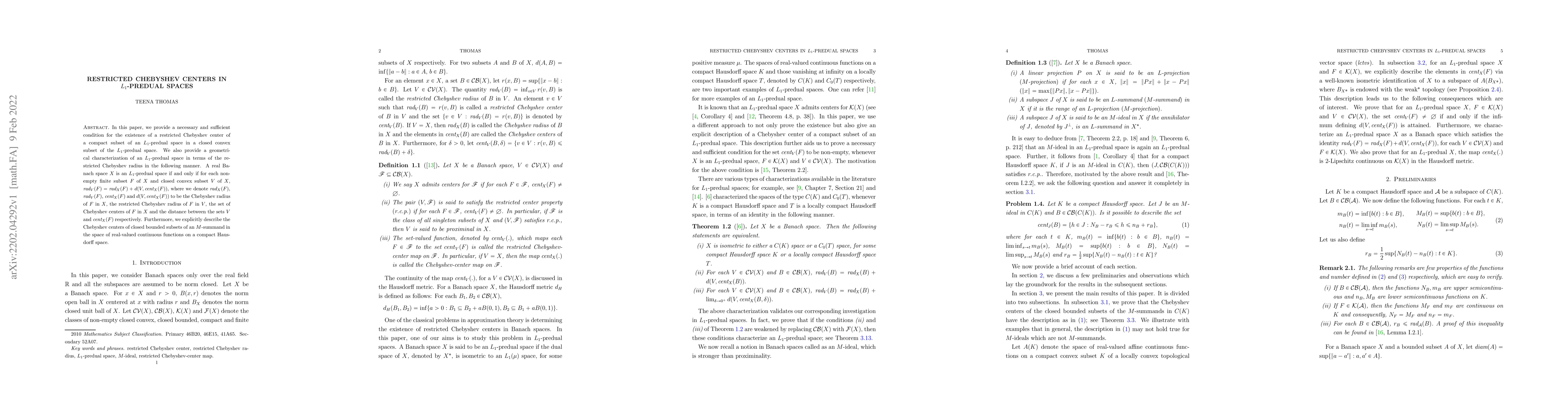 Thumbnail for Restricted Chebyshev centers in $L_1$-predual spaces