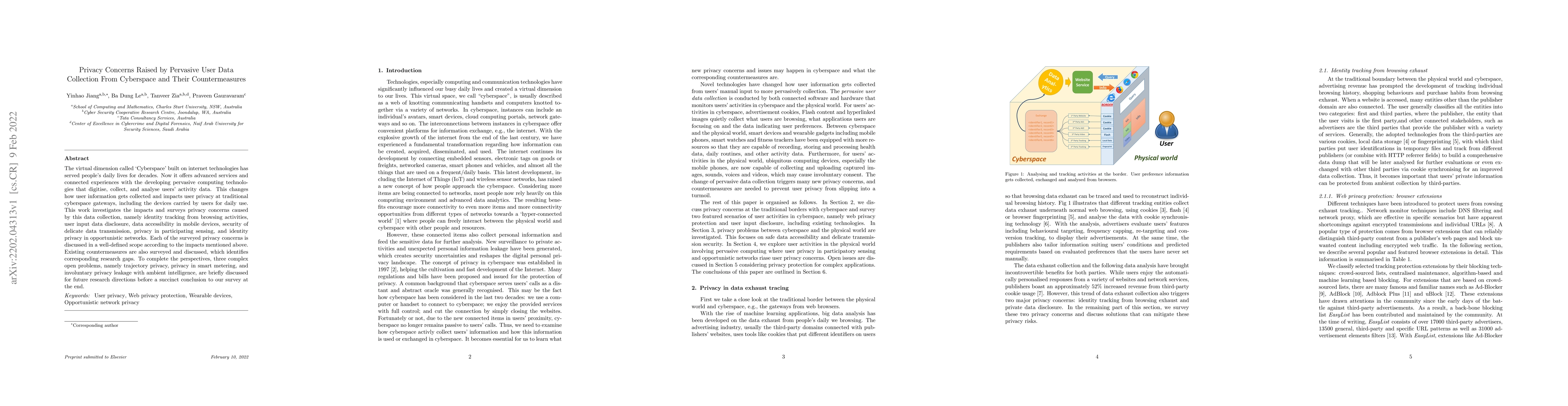 Thumbnail for Privacy Concerns Raised by Pervasive User Data Collection From
  Cyberspace and Their Countermeasures