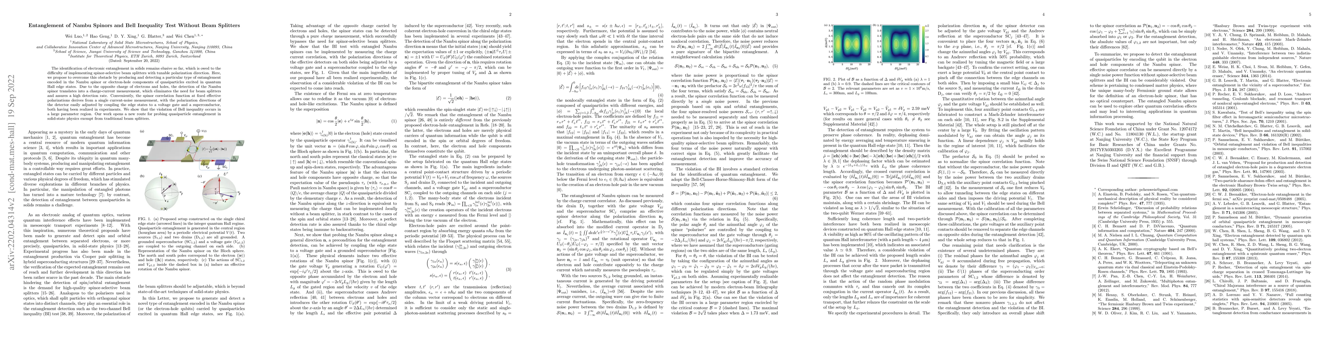 Thumbnail for Entanglement of Nambu Spinors and Bell Inequality Test Without Beam
  Splitters