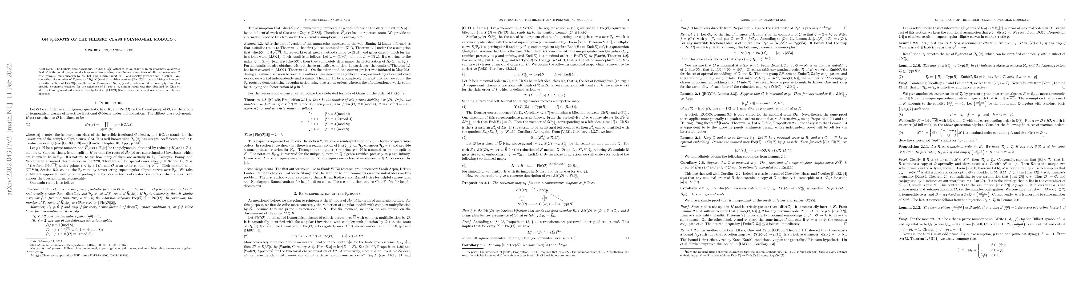 Thumbnail for On $\mathbb{F}_p$-roots of the Hilbert class polynomial modulo $p$