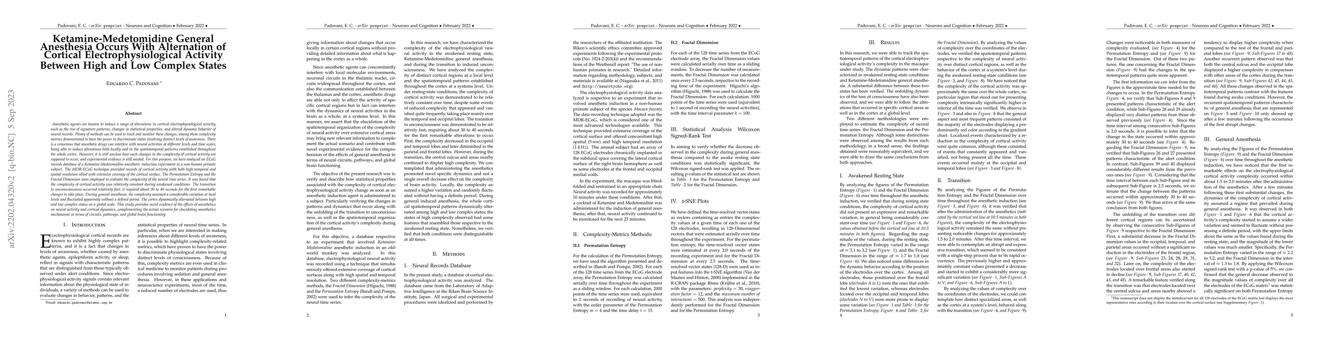 Thumbnail for Ketamine-Medetomidine General Anesthesia Occurs With Alternation of
  Cortical Electrophysiological Activity Between High and Low Complex States
