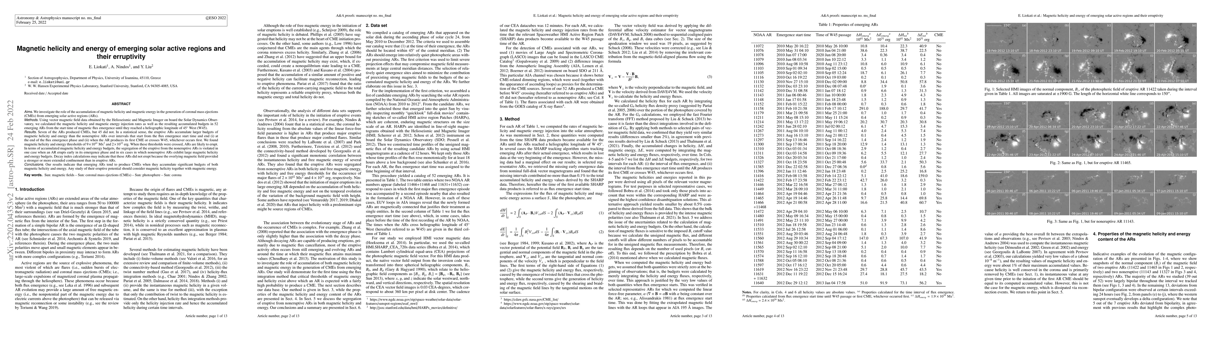 Thumbnail for Magnetic helicity and energy of emerging solar active regions and their
  erruptivity
