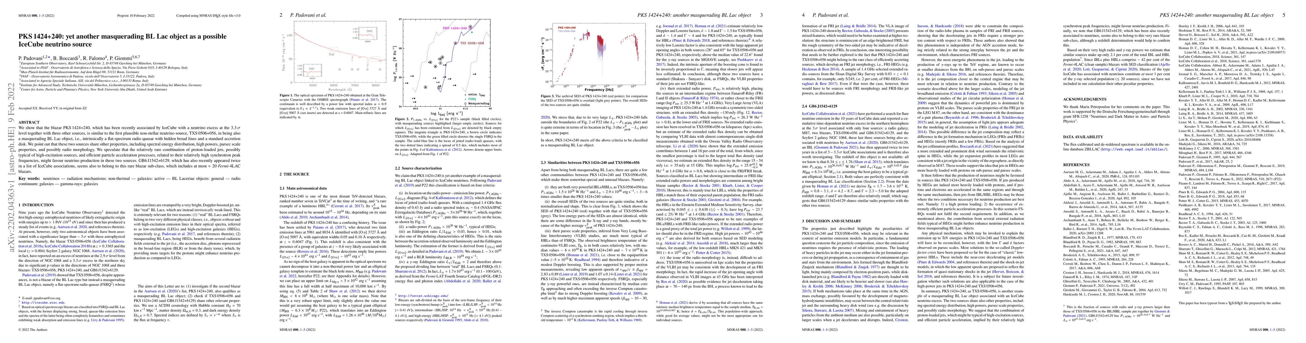 Thumbnail for PKS 1424+240: yet another masquerading BL Lac object as a possible
  IceCube neutrino source
