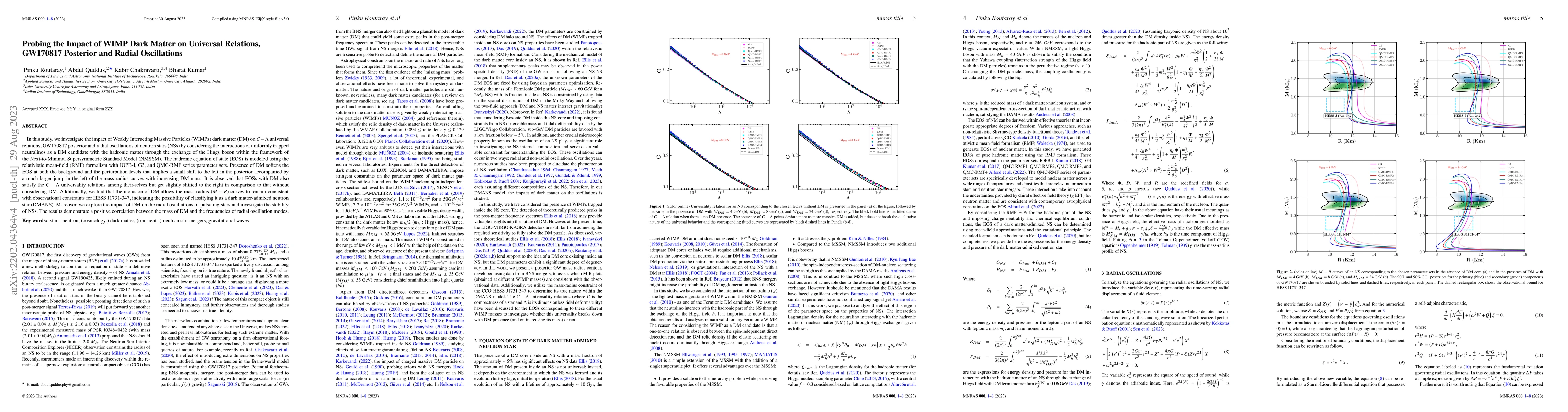 Thumbnail for Probing the Impact of WIMP Dark Matter on Universal Relations, GW170817
  Posterior and Radial Oscillations