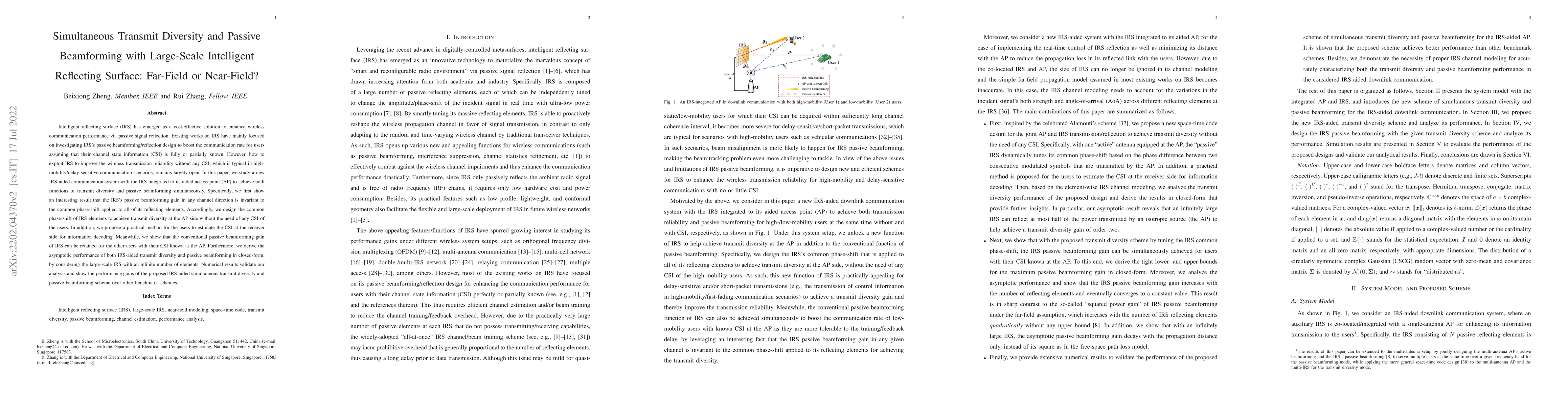 Thumbnail for Simultaneous Transmit Diversity and Passive Beamforming with Large-Scale
  Intelligent Reflecting Surface: Far-Field or Near-Field?