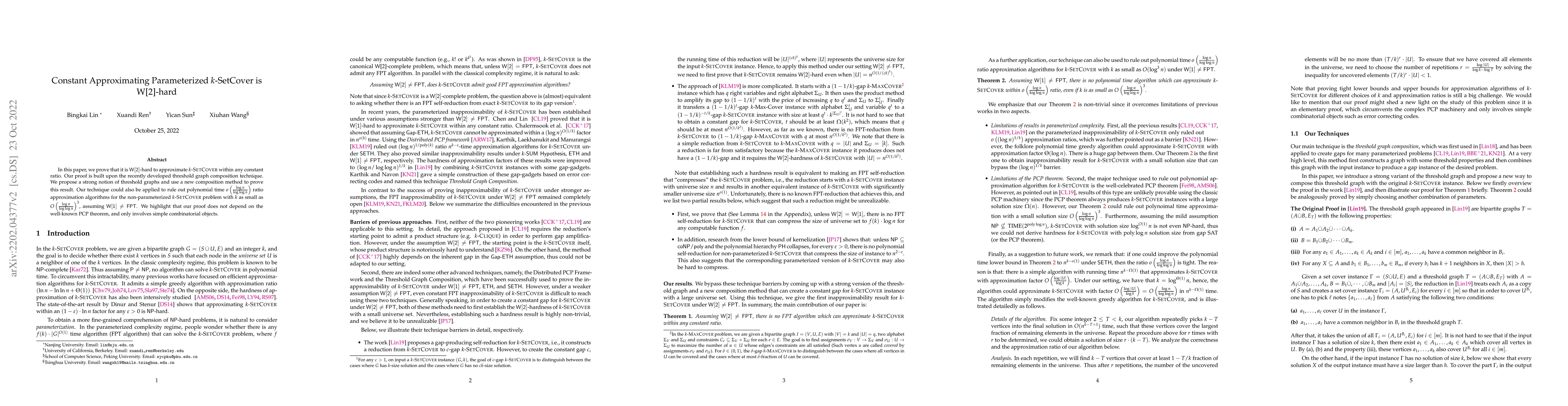 Thumbnail for Constant Approximating Parameterized $k$-SetCover is W[2]-hard