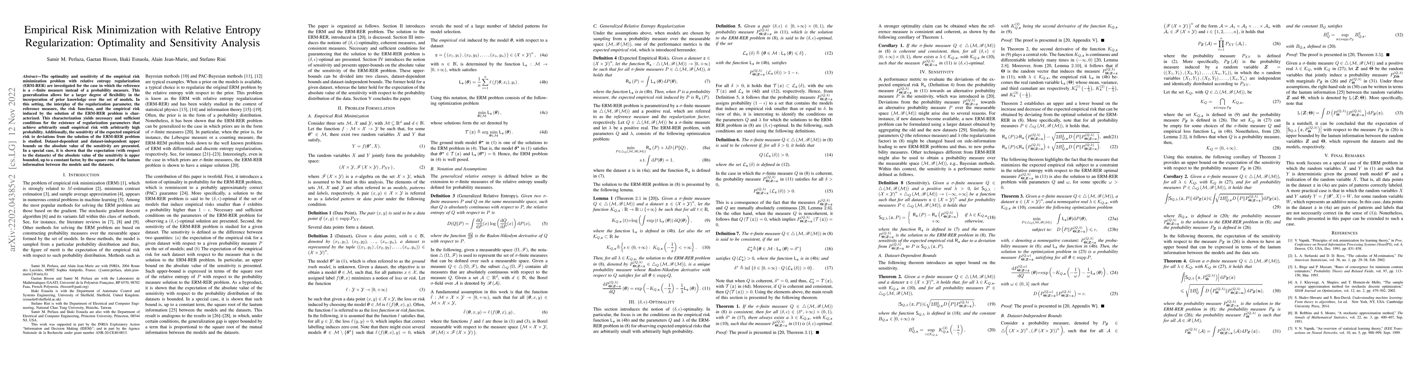 Thumbnail for Empirical Risk Minimization with Relative Entropy Regularization:
  Optimality and Sensitivity Analysis
