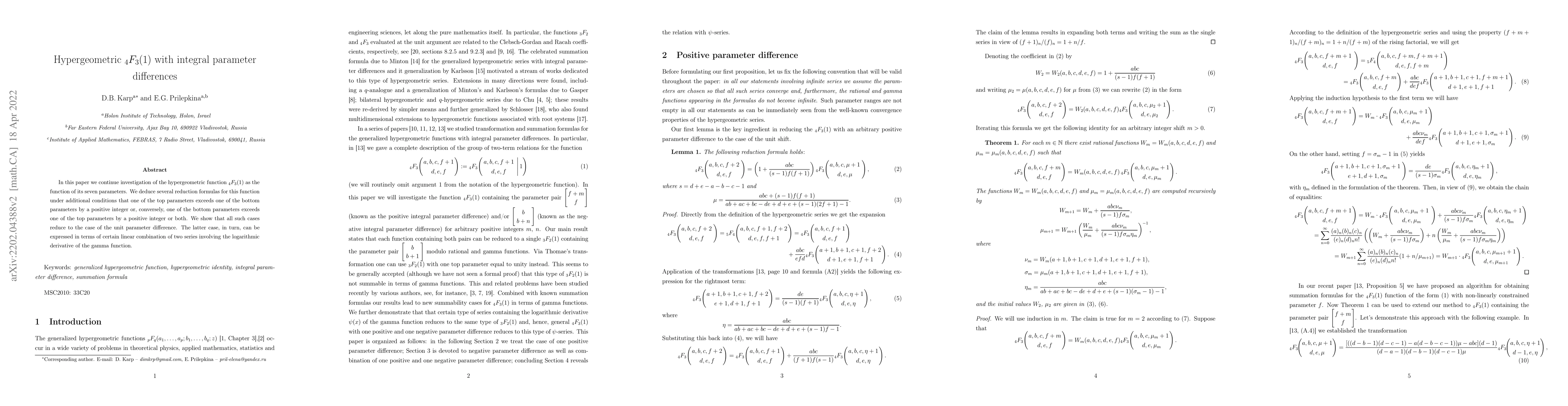 Thumbnail for Hypergeometric ${}_4F_3(1)$ with integral parameter differences