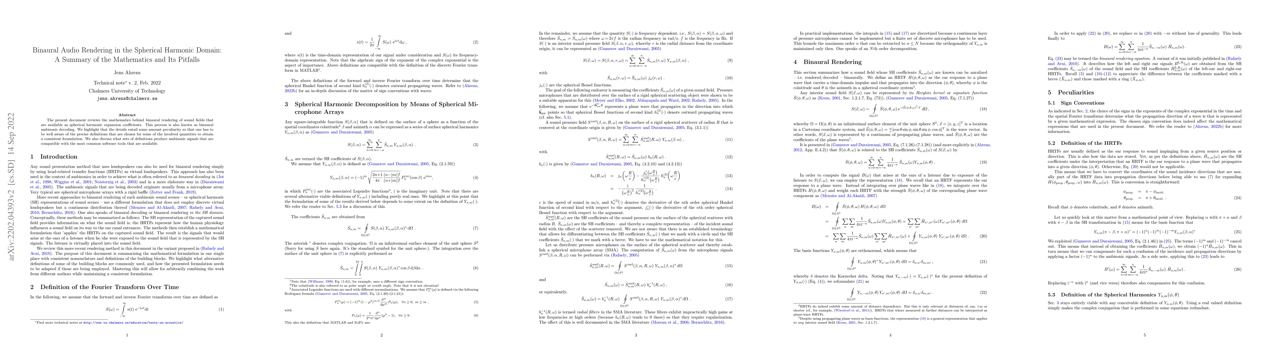 Thumbnail for Binaural Audio Rendering in the Spherical Harmonic Domain: A Summary of
  the Mathematics and its Pitfalls