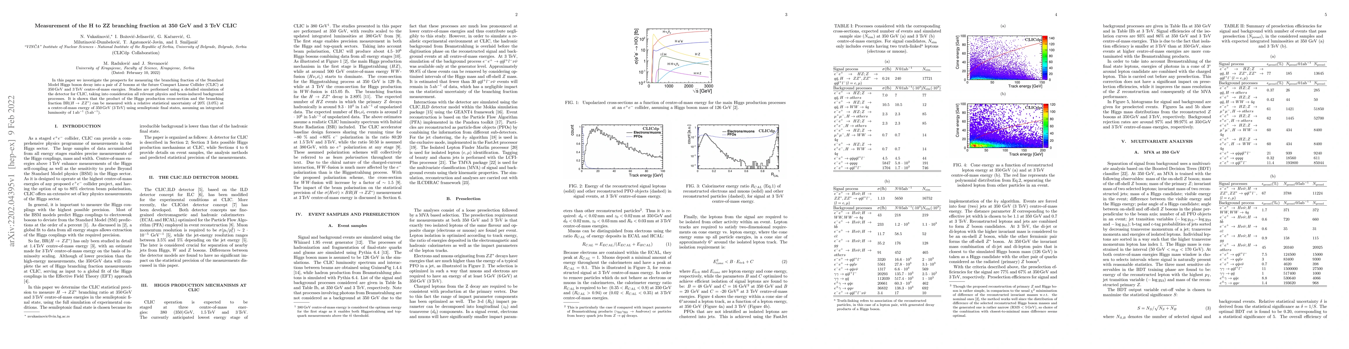 Thumbnail for Measurement of the H to ZZ branching fraction at 350 GeV and 3 TeV CLIC