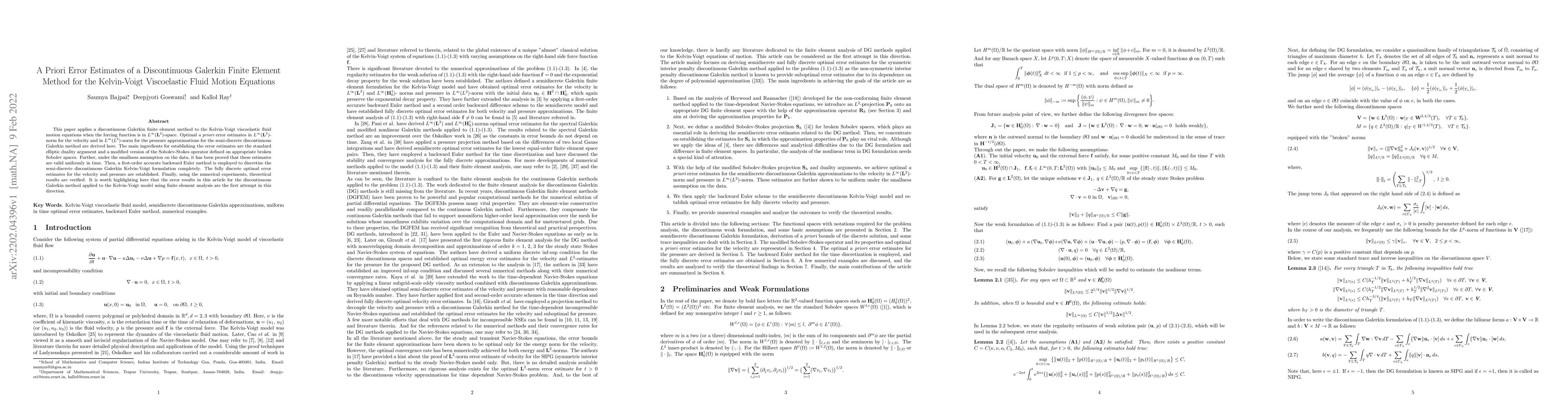 Thumbnail for A Priori Error Estimates of a Discontinuous Galerkin Finite Element
  Method for the Kelvin-Voigt Viscoelastic Fluid Motion Equations
