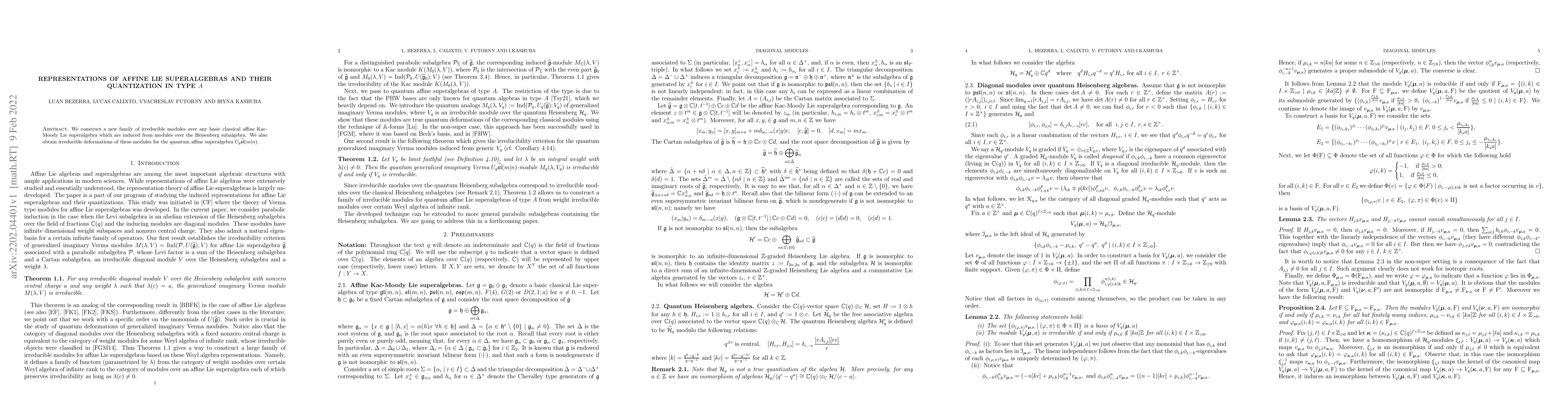 Thumbnail for Representations of affine Lie superalgebras and their quantization in
  type A