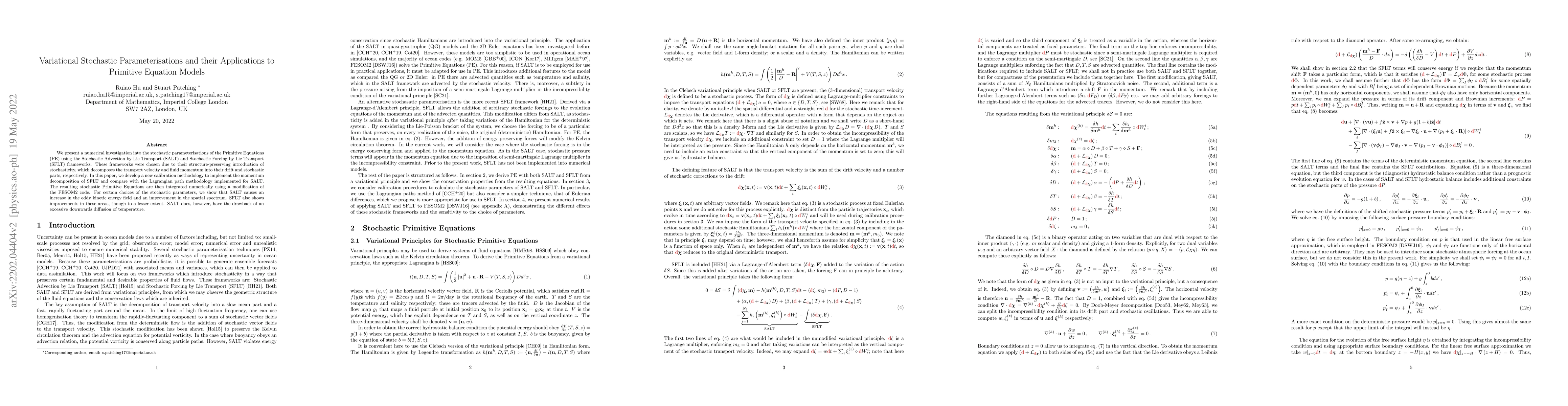 Thumbnail for Variational Stochastic Parameterisations and their Applications to
  Primitive Equation Models