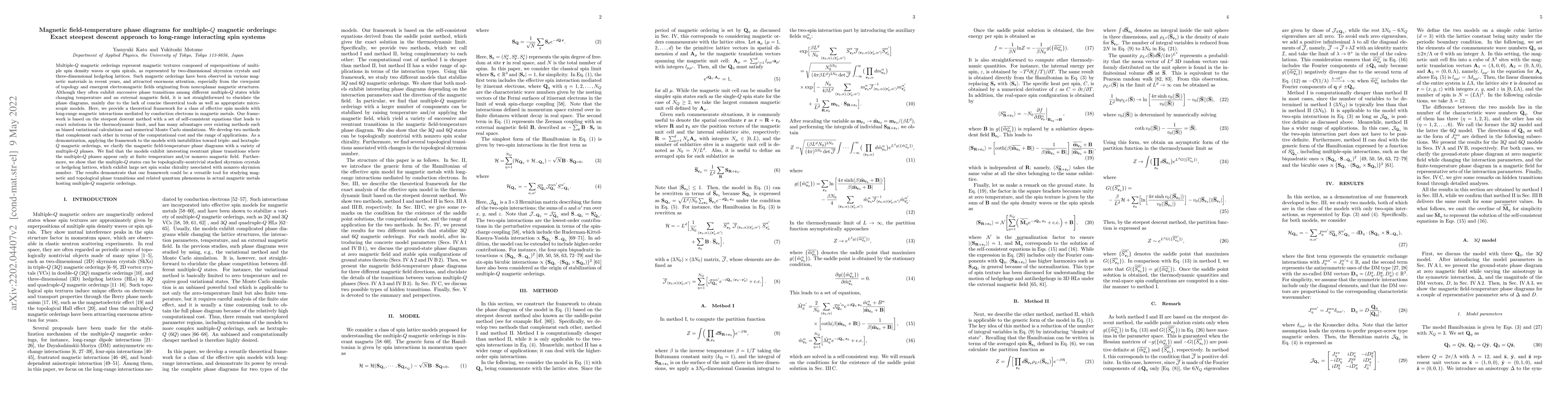 Thumbnail for Magnetic field-temperature phase diagrams for multiple-$Q$ magnetic
  orderings: Exact steepest descent approach to long-range interacting spin
  systems