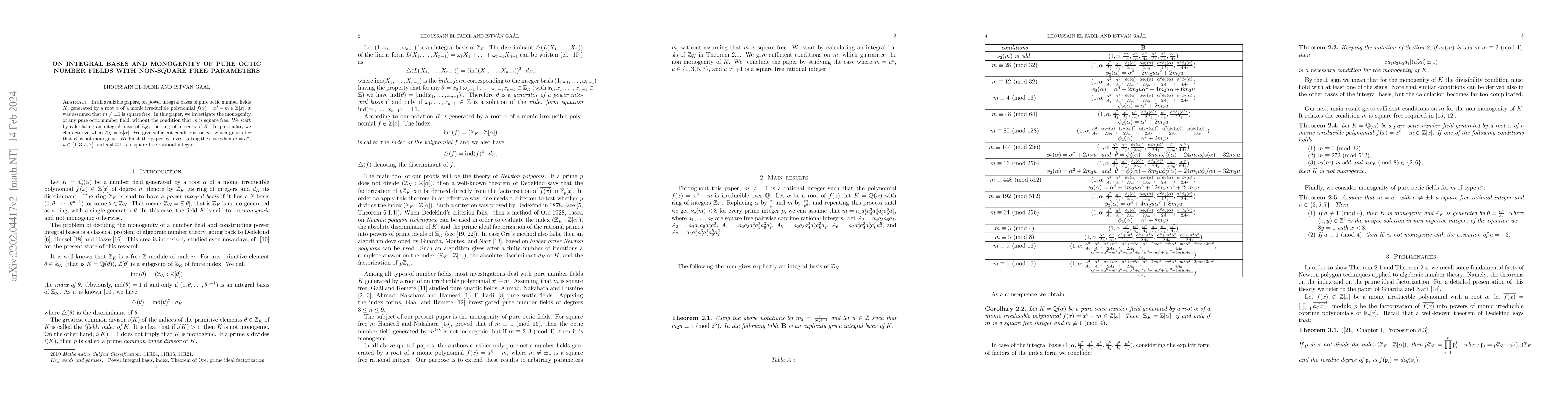 Thumbnail for On integral bases and monogenity of pure octic number fields with
  non-square free parameters