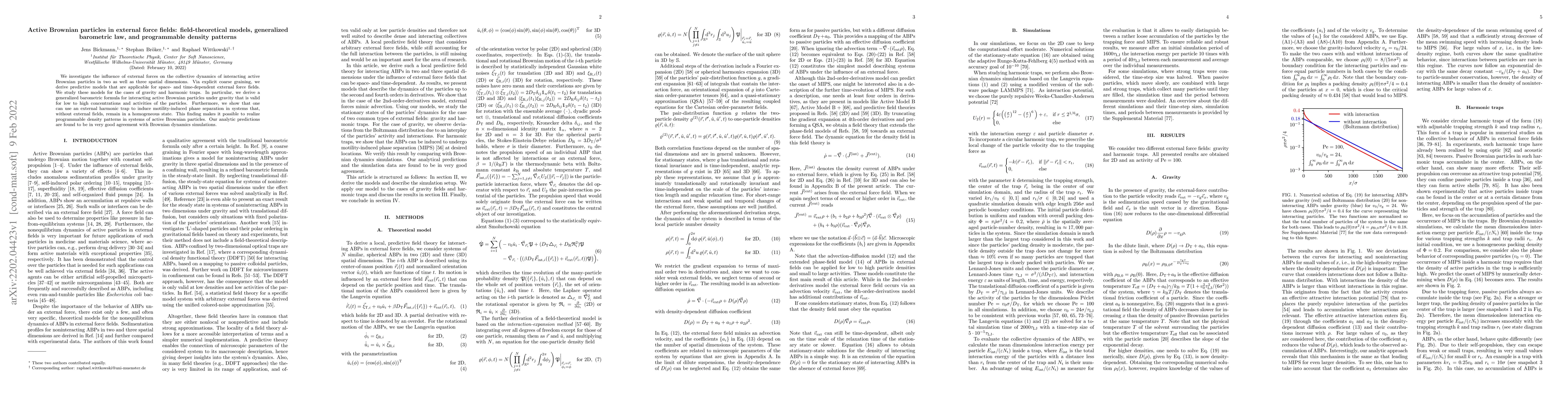 Thumbnail for Active Brownian particles in external force fields: field-theoretical
  models, generalized barometric law, and programmable density patterns