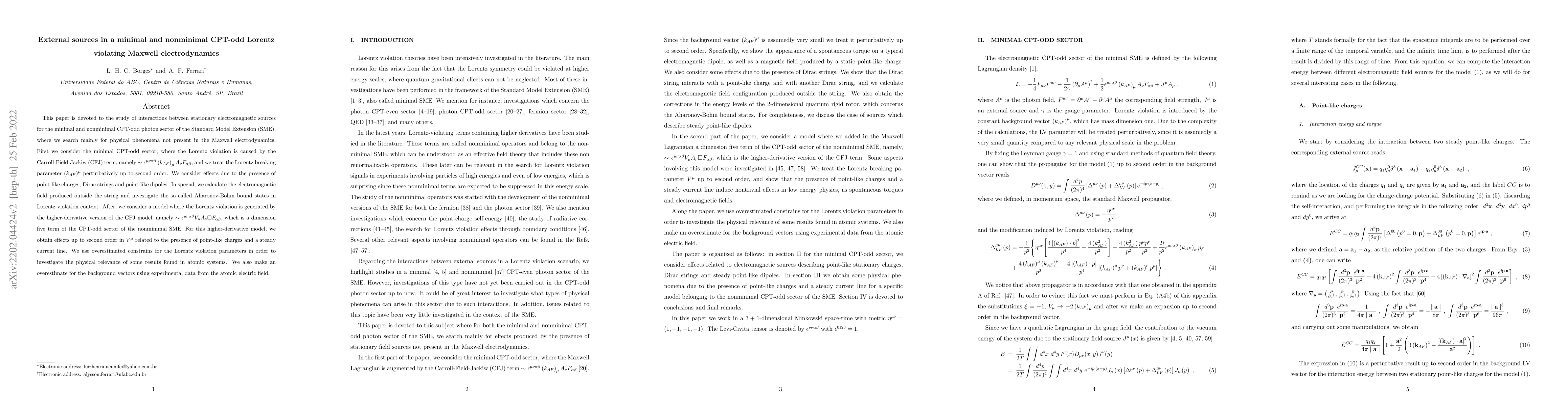 Thumbnail for External sources in a minimal and nonminimal CPT-odd Lorentz violating
  Maxwell electrodynamics