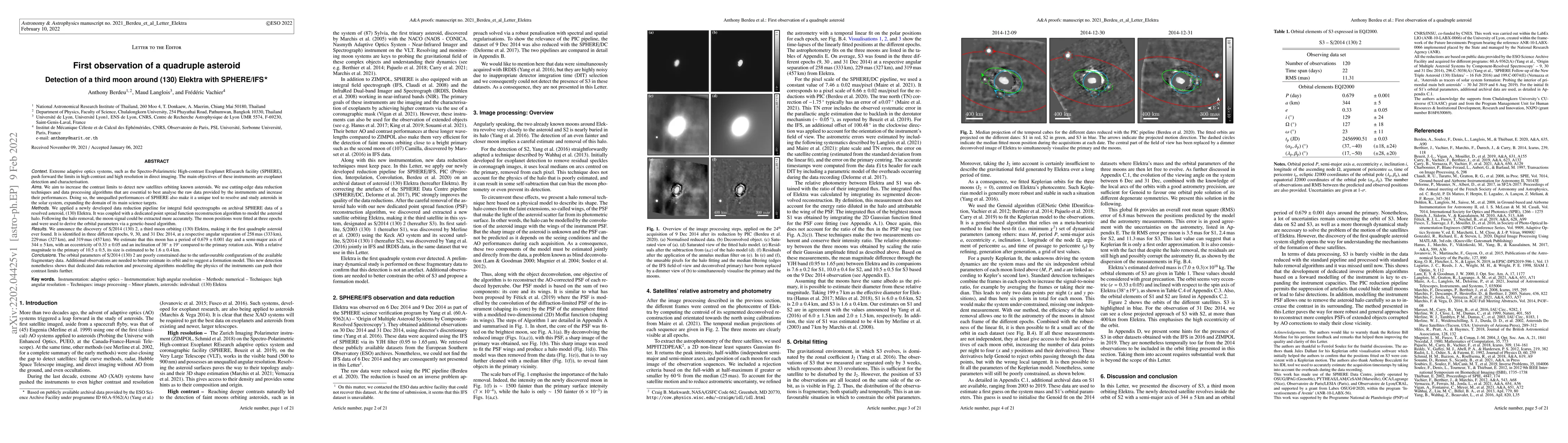 Thumbnail for First observation of a quadruple asteroid -- Detection of a third moon
  around (130) Elektra with SPHERE/IFS