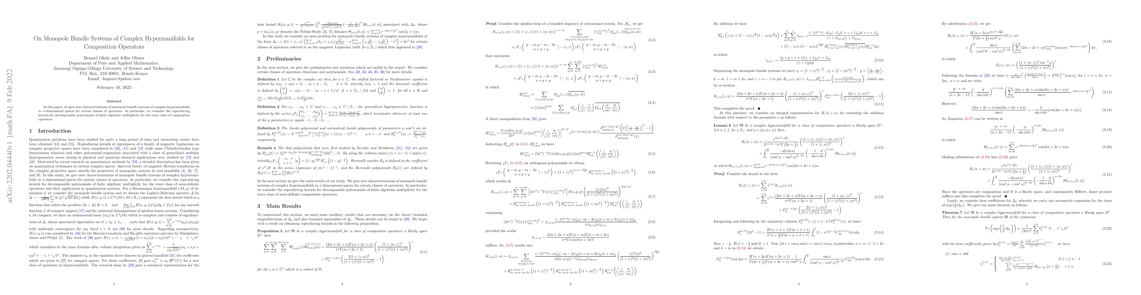 Thumbnail for On Monopole Bundle Systems of Complex Hypermanifolds for Composition
  Operators