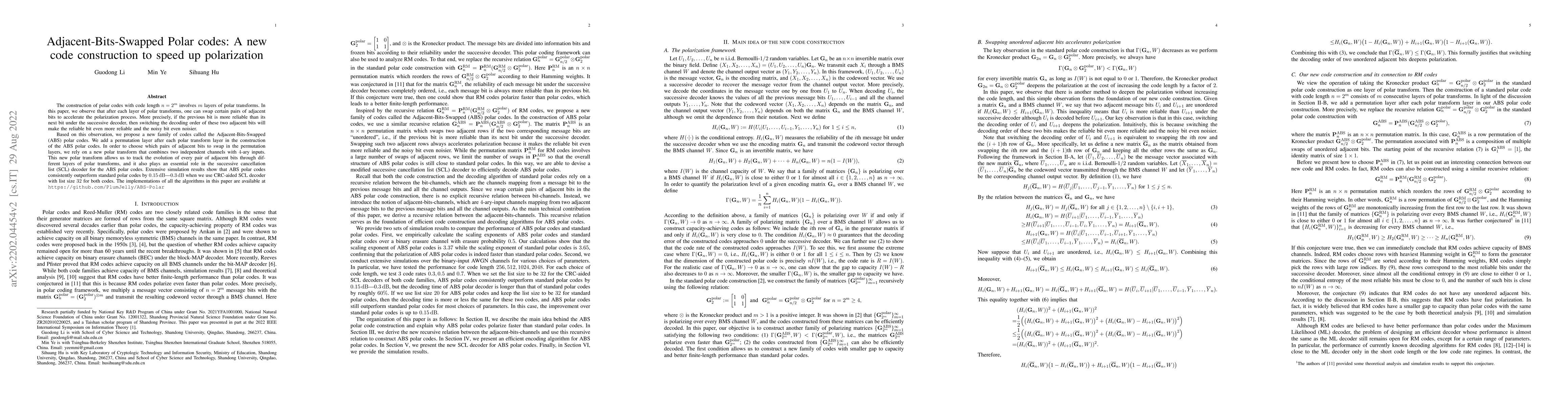 Thumbnail for Adjacent-Bits-Swapped Polar codes: A new code construction to speed up
  polarization
