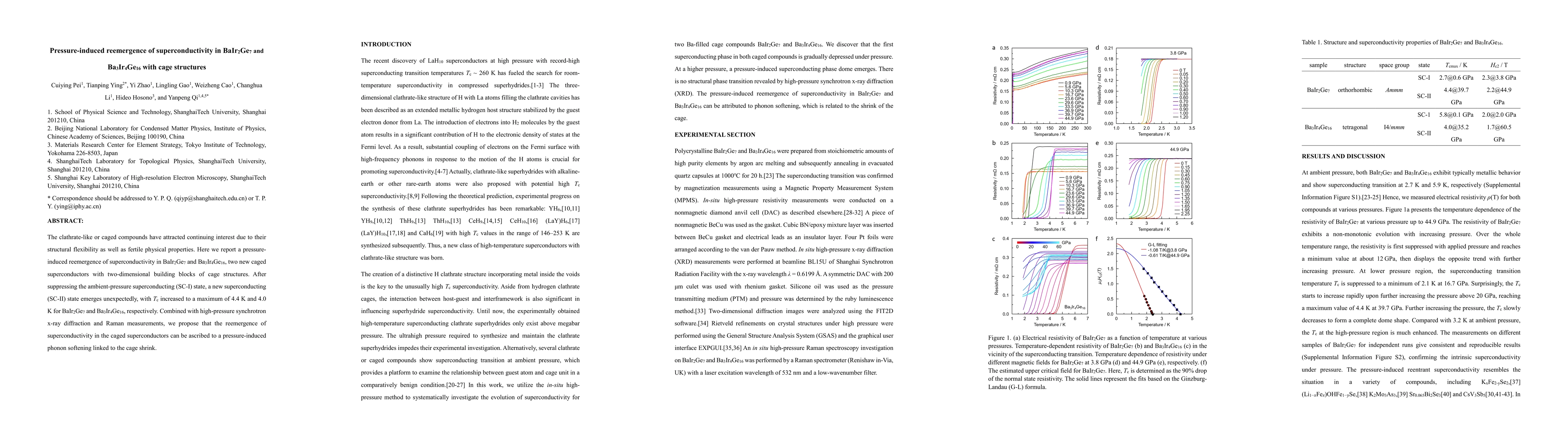 Thumbnail for Pressure-induced reemergence of superconductivity in BaIr2Ge7 and
  Ba3Ir4Ge16 with cage structures