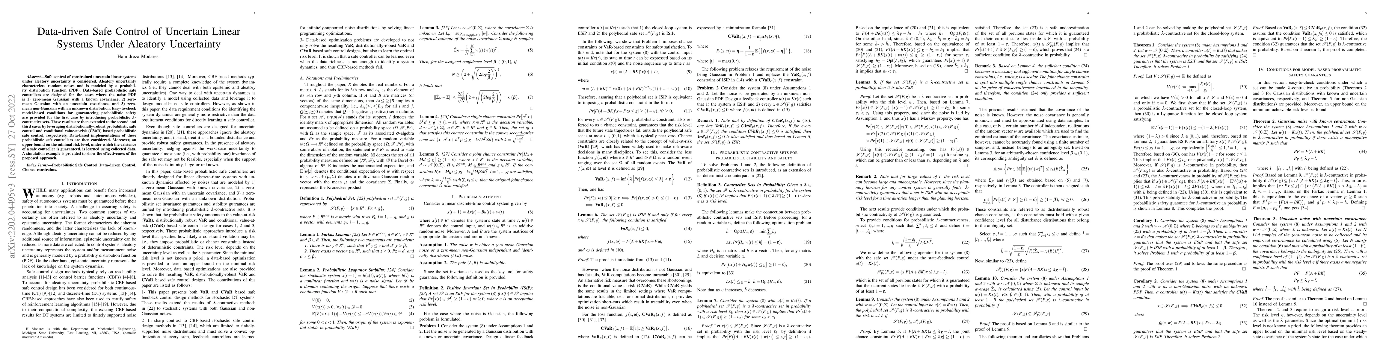 Thumbnail for Data-driven Safe Control of Linear Systems Under Epistemic and Aleatory
  Uncertainties