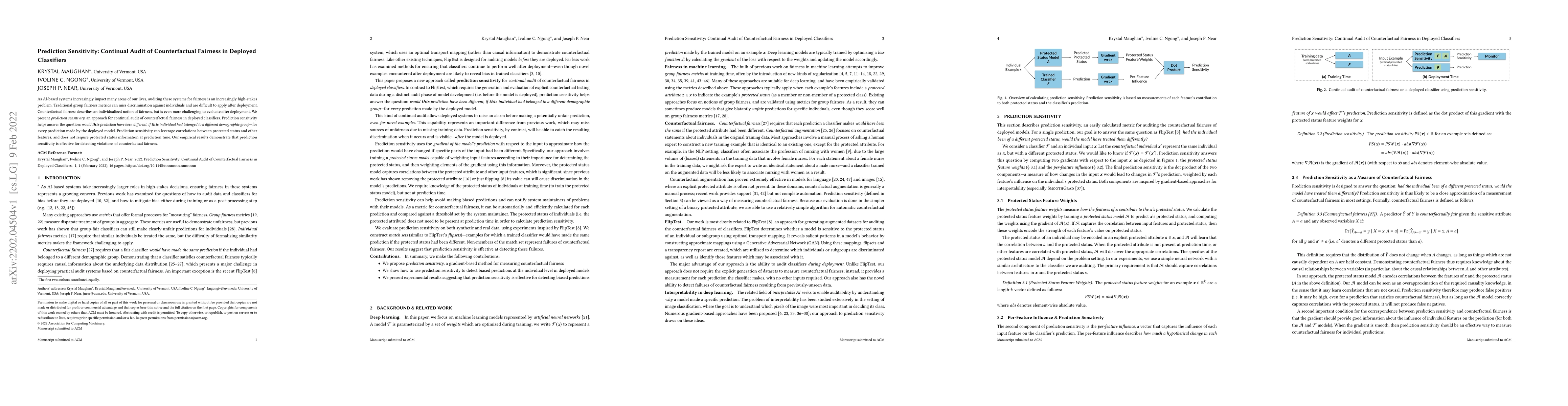 Thumbnail for Prediction Sensitivity: Continual Audit of Counterfactual Fairness in
  Deployed Classifiers