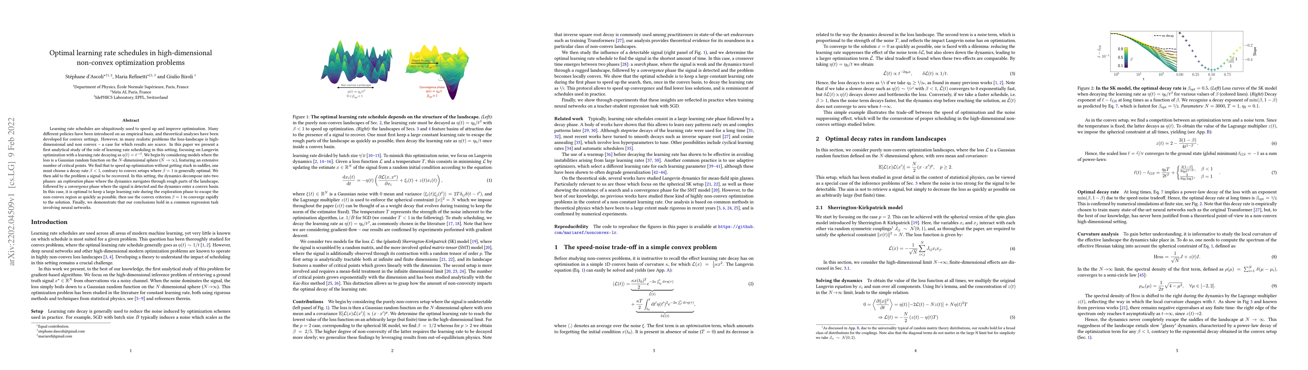 Thumbnail for Optimal learning rate schedules in high-dimensional non-convex
  optimization problems