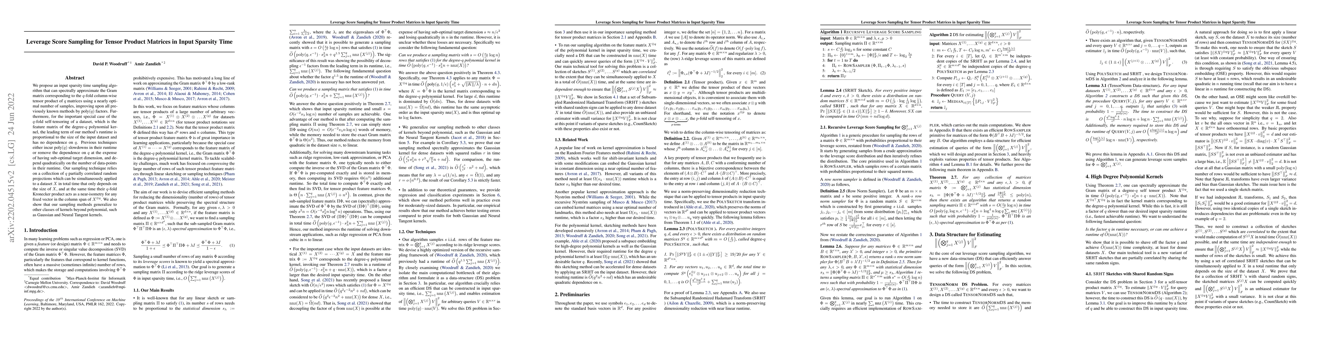 Thumbnail for Leverage Score Sampling for Tensor Product Matrices in Input Sparsity
  Time