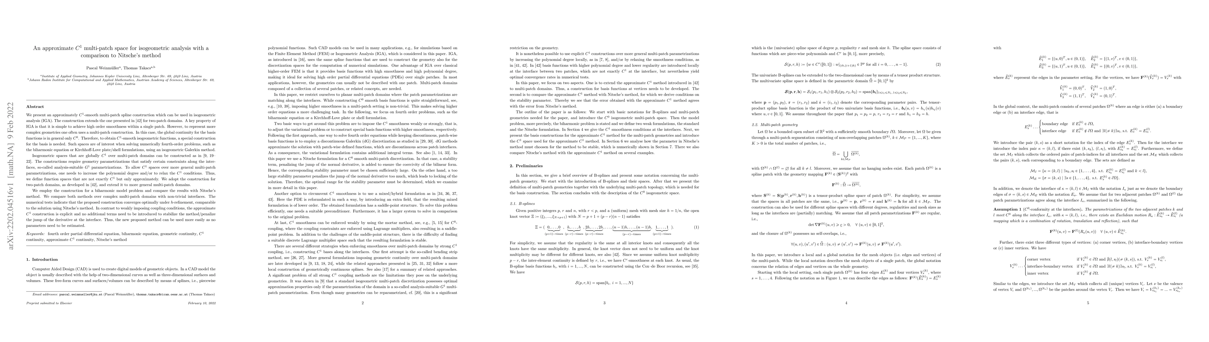 Thumbnail for An approximate $C^1$ multi-patch space for isogeometric analysis with a
  comparison to Nitsche's method