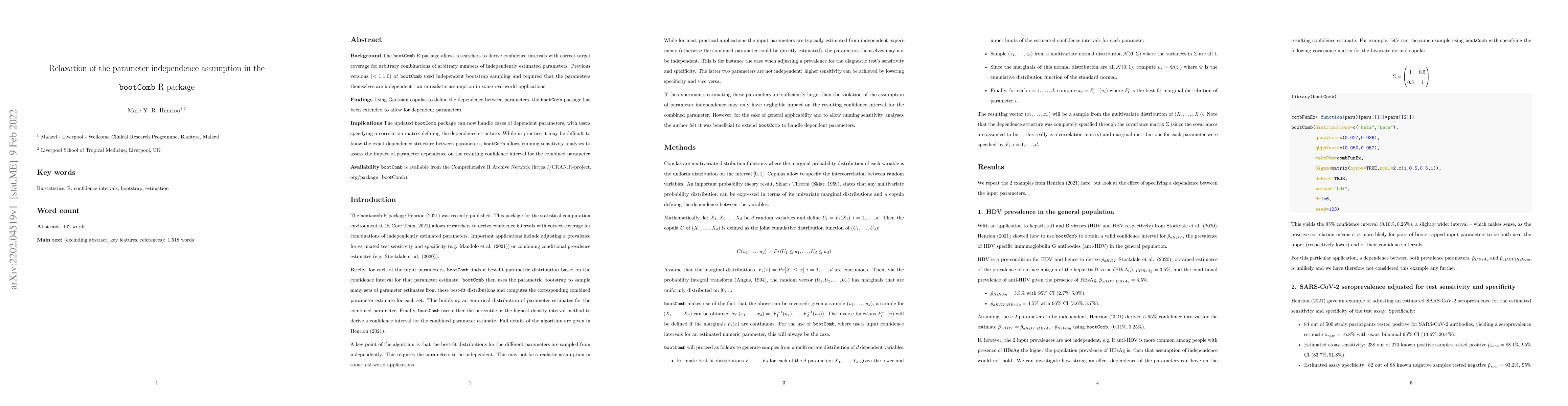 Thumbnail for Relaxation of the parameter independence assumption in the `bootComb` R
  package