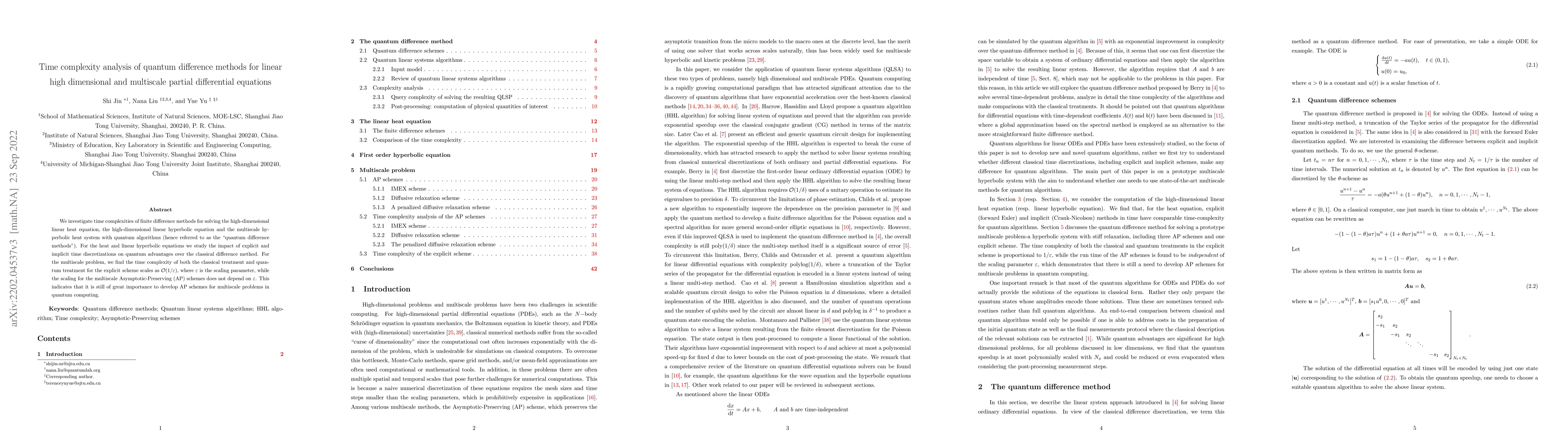 Thumbnail for Time complexity analysis of quantum difference methods for linear high
  dimensional and multiscale partial differential equations