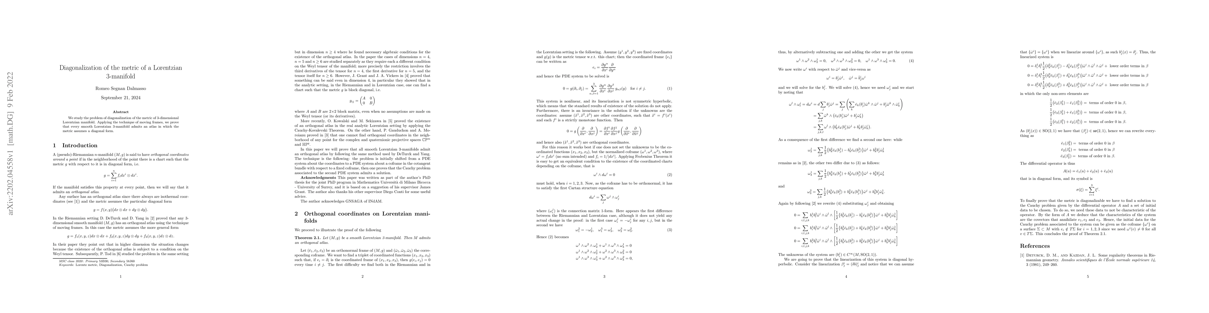 Thumbnail for Diagonalization of the metric of a Lorentzian 3-manifold