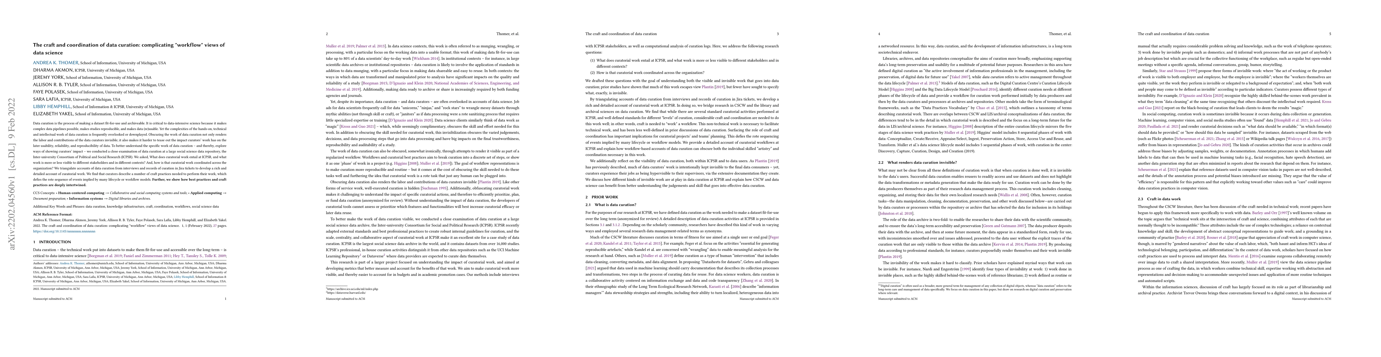 Thumbnail for The craft and coordination of data curation: complicating "workflow"
  views of data science