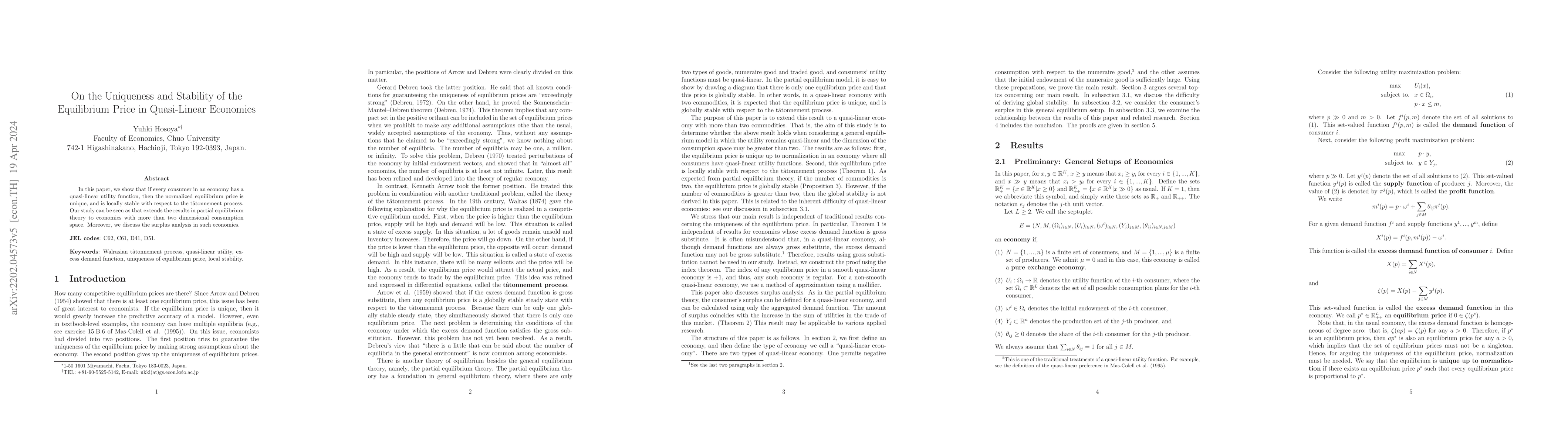 Thumbnail for On the Uniqueness and Stability of the Equilibrium Price in Quasi-Linear
  Economies