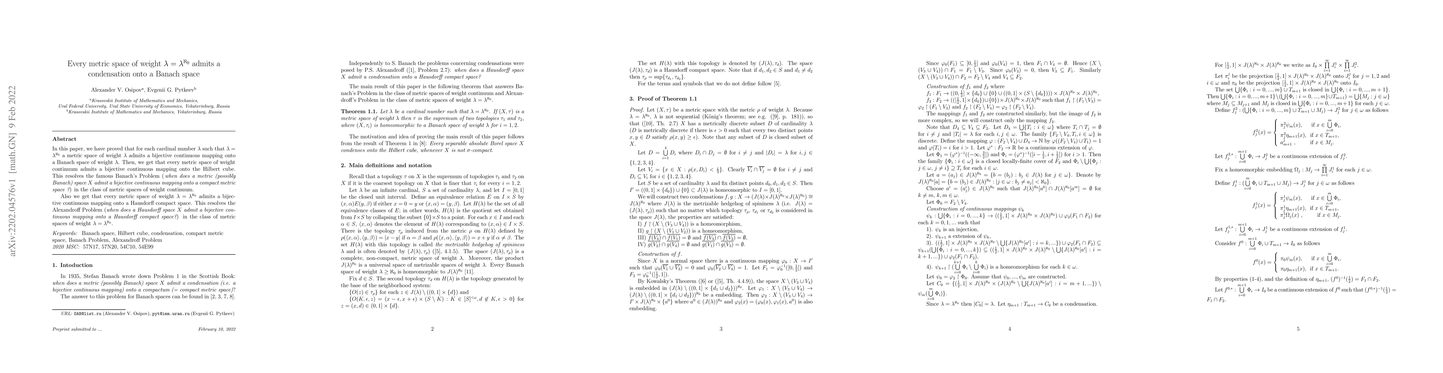 Thumbnail for Every metric space of weight $\lambda=\lambda^{\aleph_0}$ admits a
  condensation onto a Banach space