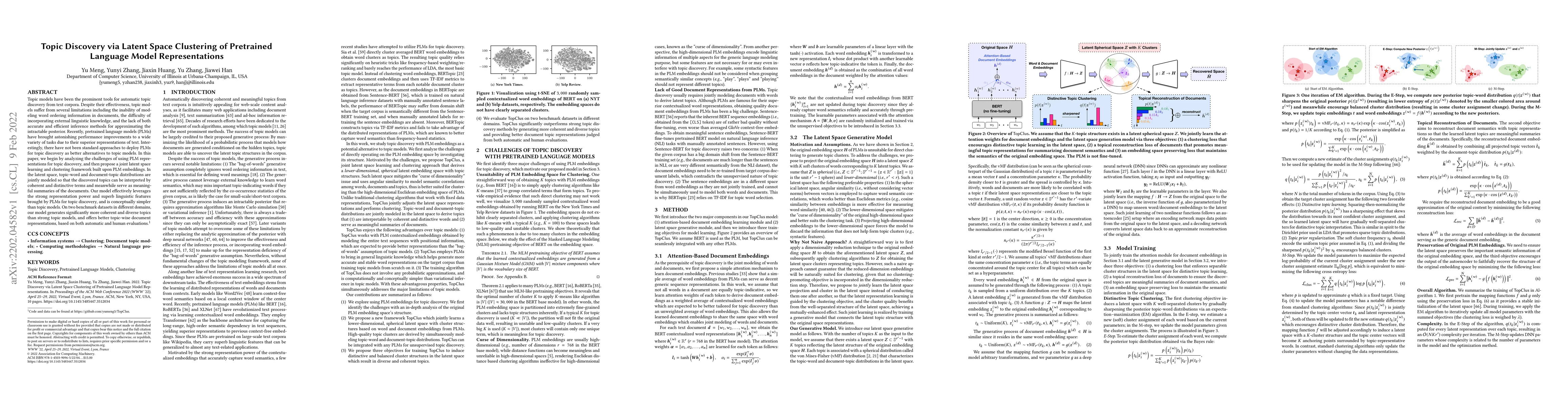 Thumbnail for Topic Discovery via Latent Space Clustering of Pretrained Language Model
  Representations