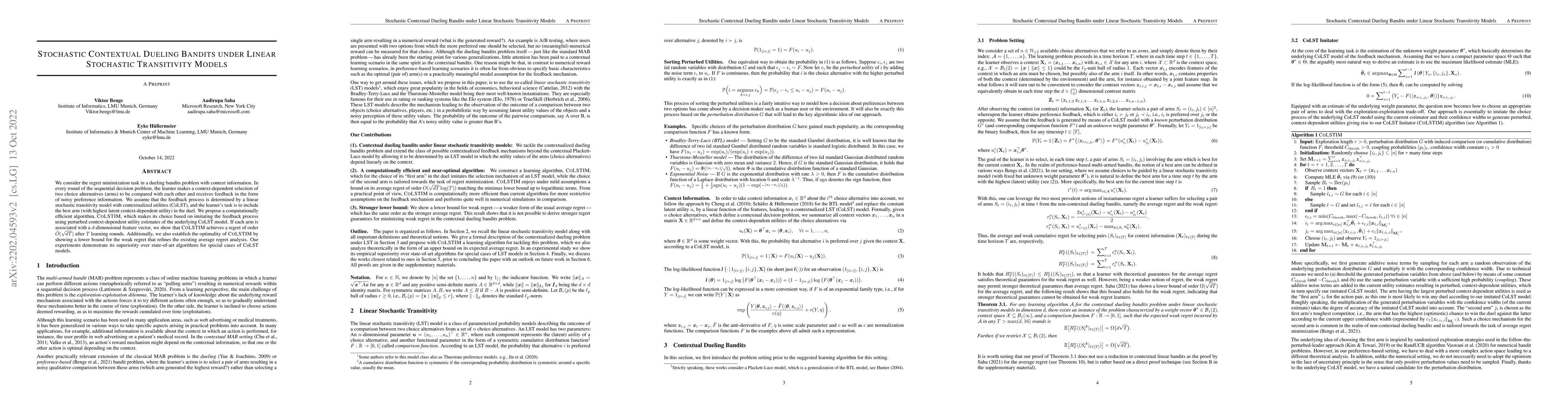 Thumbnail for Stochastic Contextual Dueling Bandits under Linear Stochastic
  Transitivity Models