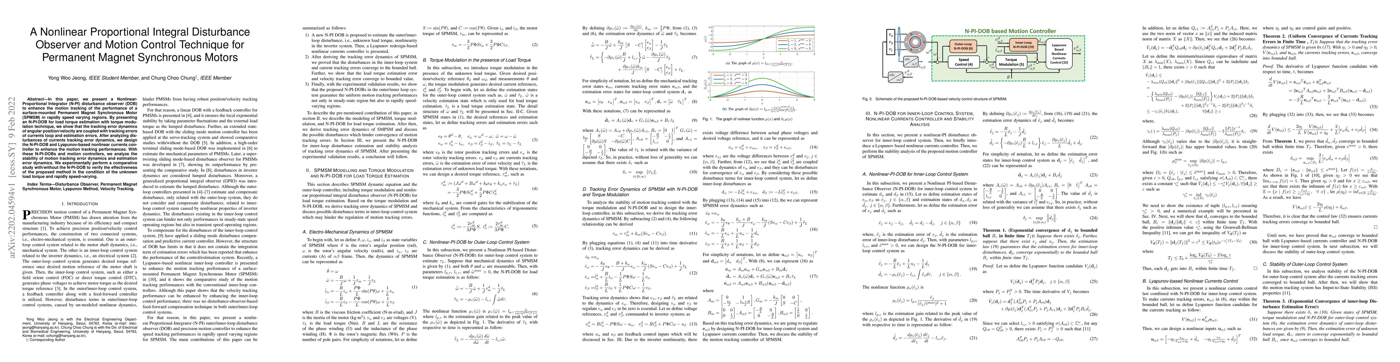 Thumbnail for A Nonlinear Proportional Integral Disturbance Observer and Motion
  Control Technique for Permanent Magnet Synchronous Motors